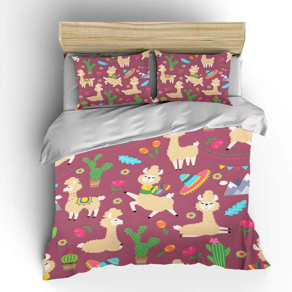 Mexican-Themed Cartoon Alpacas And Cacti Print Bedding Set 1 Duvet Cover 2 Pillowcases For Adult Children Luxury Gift Full Size
