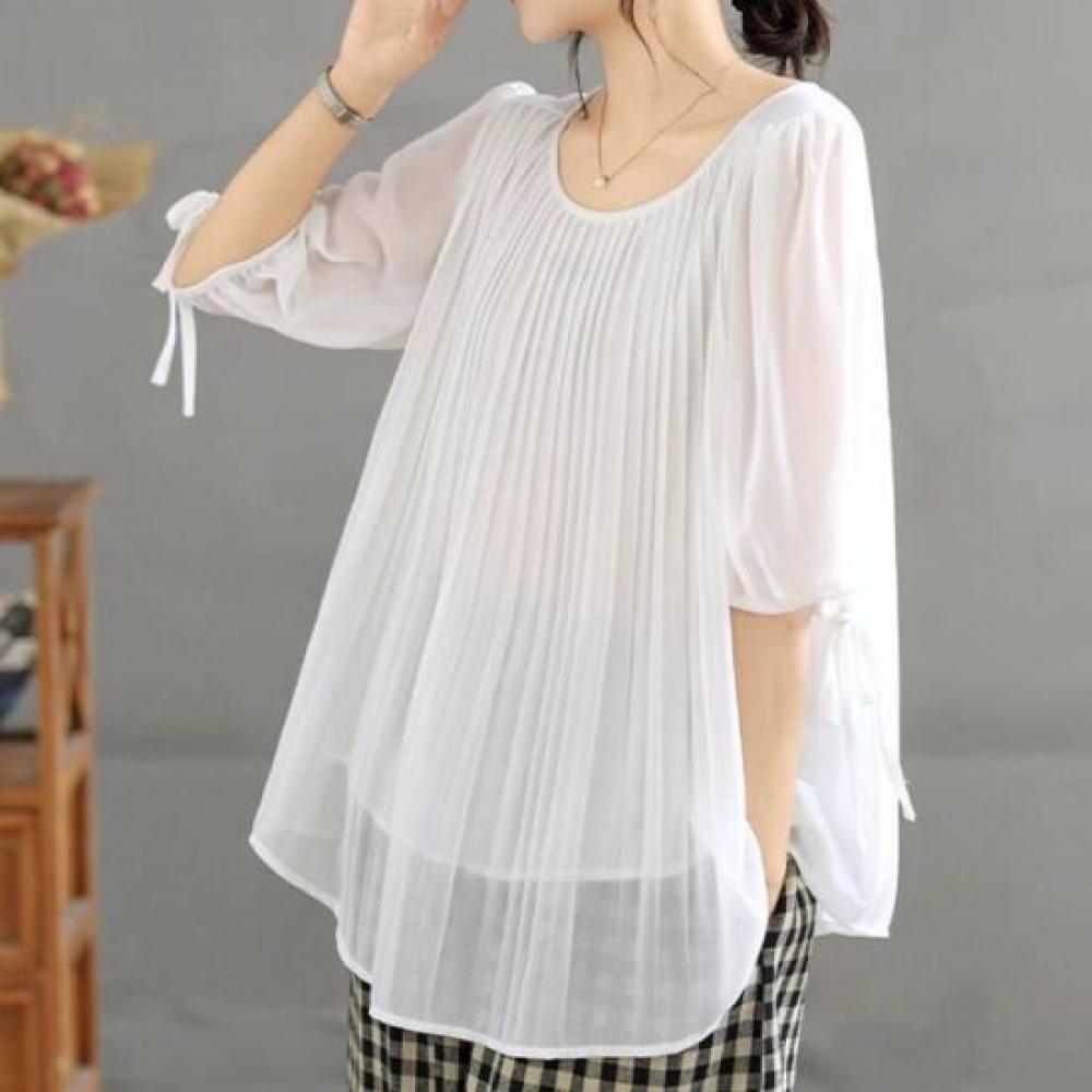 Navava Women Daily Loose Fit Shirring Ribbon 5 Sleeve Blouse Nb3173
