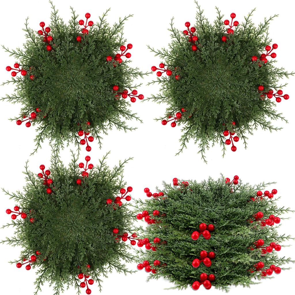 6 Pcs 15.75 Inch Christmas Greenery Placemats Artificial Winter Pine Placemat Pinecone With Red Berries Cedar Branch Place Mat D