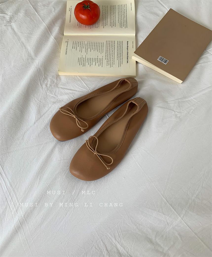 

Niche 25ss new round head flat bottom bow one pedal ballet shoes comfortable soft sheepskin single shoes women 39 светло-коричневого