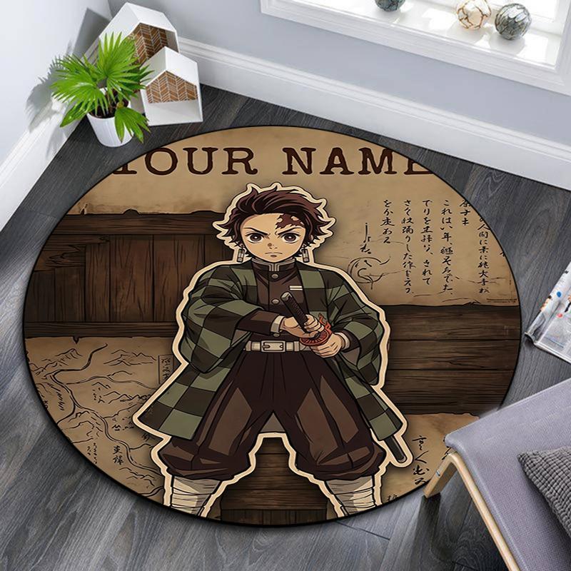 Custom Name,Tanjiro Kamado pattern round rug,Carpet Rug for Living Room Bedroom Playroom ,Non-slip Floor Mat,Holiday Gifts and Birthday Gifts.