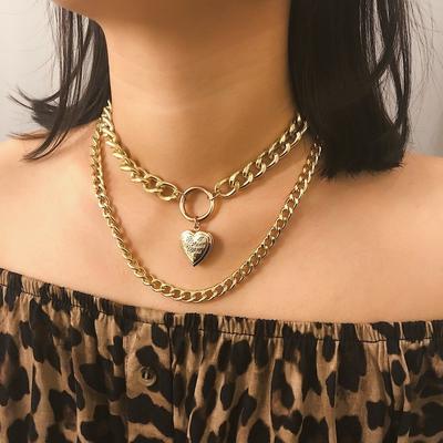 Double-layer Simple Chain Necklace Punk Gold Color Heart Pendant Choker Necklace Fashion Jewelry