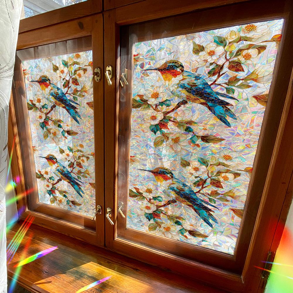 Laser-cut Iridescent Retro Geometric Floral and Hummingbird Study Glass Door and Window Decorative Stickers
