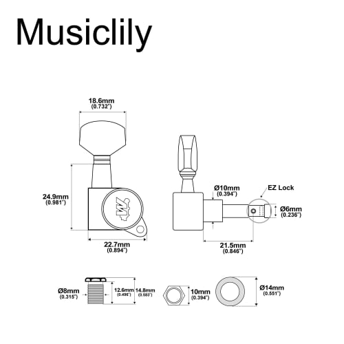 Wilkinson WJN07 E-Z-LOK 6-Piece Guitar Tuners for Fender Strat/Telecaster Electric Guitars, Black