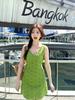 Women's French Retro Green Sleeveless V-neck Dress for Summer 2026 - Waist-Cinching, Slim-Fit Camisole Design