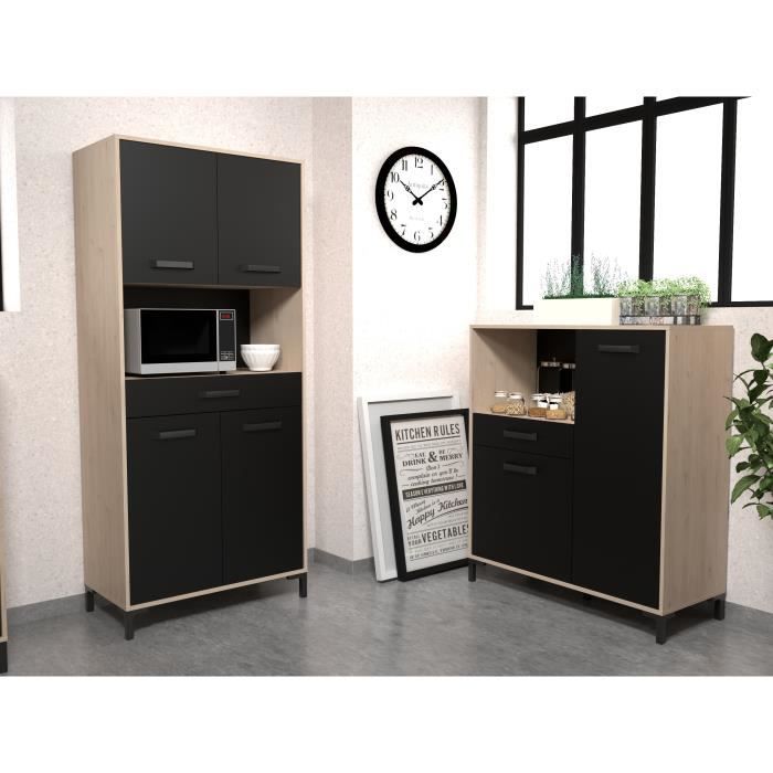 Buffet de cuisine FACTORY - Décor chêne et noir - 2 portes + 1 tiroir - Modulable - L 80 x P 43,3 x H 185 cm