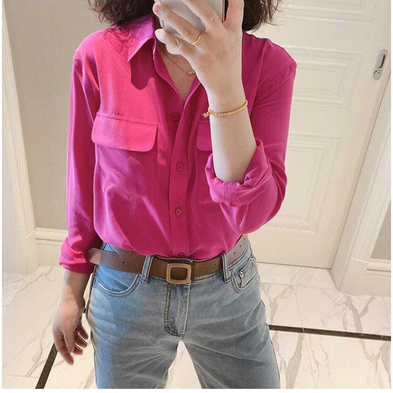 

Women s Bright Pink Long-Sleeve Shirt Collared Pocket Decor Casual Blouse L фіолетовий