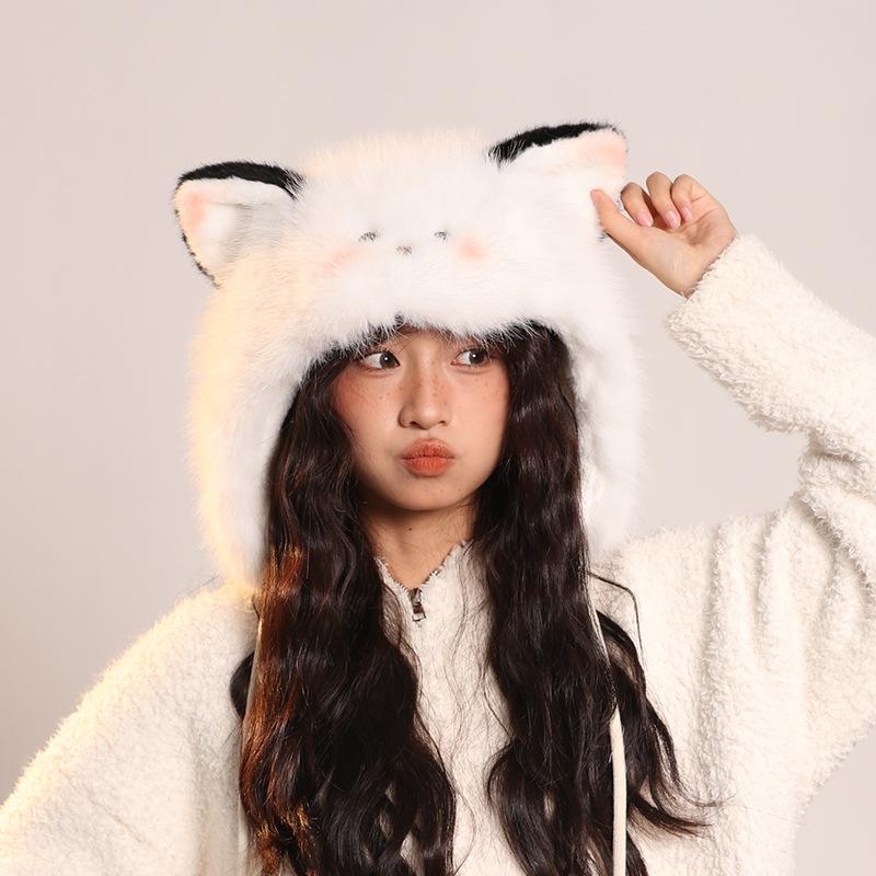 Fox Ear Plush Hat Autumn and Winter New Style Plush Velvet Thickened Warm Lei Feng Hat Head Cover Face Small Ear Protection Hat Trendy