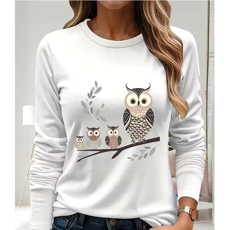 Owl Family Print Casual Long Sleeve T Shirt Clothes Women's Funny Graphic T-Shirt All Seasons Gothic Ladies Y2k Tees Tops Tshirt