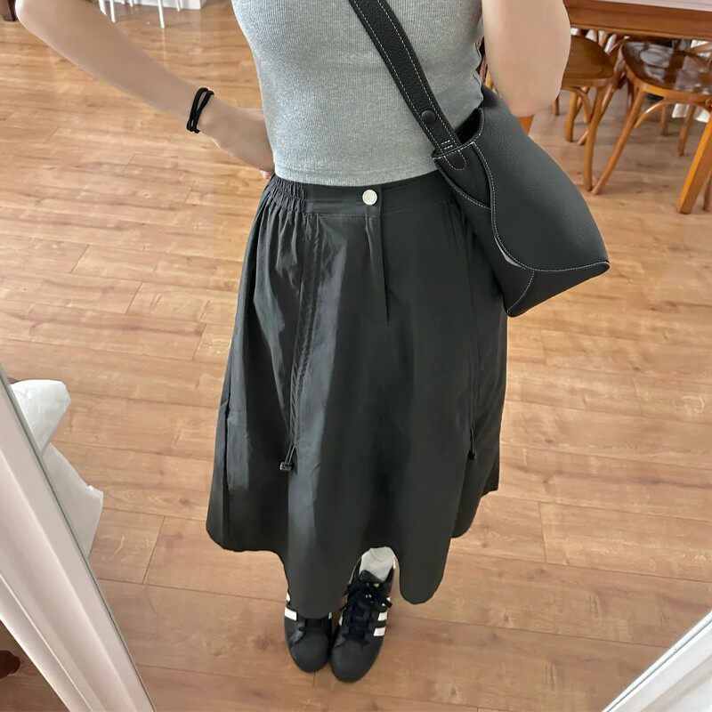 American Retro Drawstring Paratrooper Skirt Female Spring & Fall Plus Size Ladies High Waist Cover Slim Looking Casual A- line Parka Skirt Dark gray XXXL