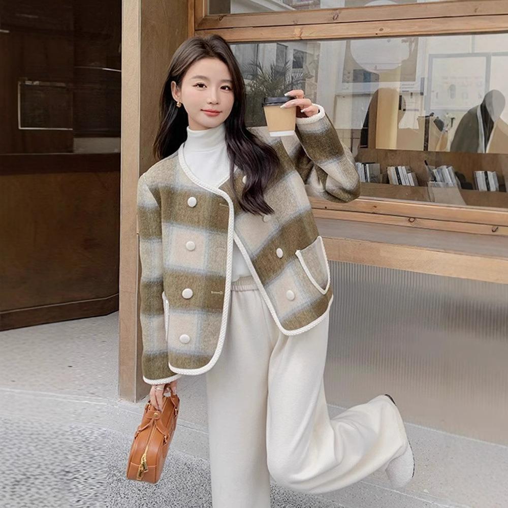 Xiaoxiang Style High-end Cashmere Coat Ladies's Short Woolen Woolen Coat British Style Round Neck Double Row Fall and Winter