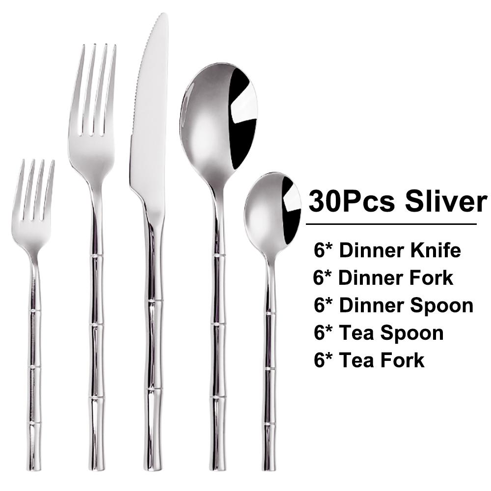 6/24/30Pcs Stainless Steel 304 Cutlery Set Sliver Tableware Western Bamboo Shaped Handle Dinner Set Knife Fork Spoon Sliverware