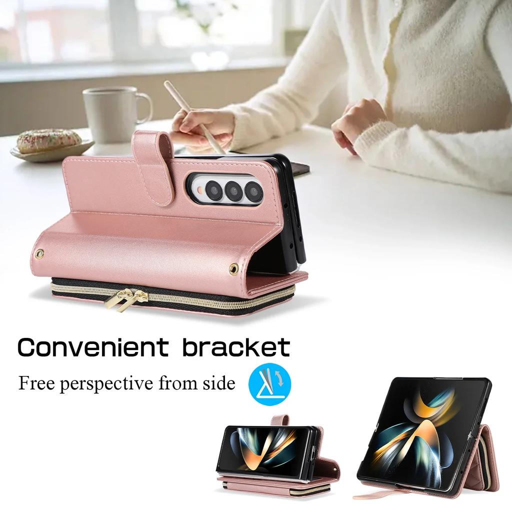 Metal Lanyard Crossbody Zipper Cards Solt Wallet Leather Case for Samsung Galaxy Z Fold 6 5 4 3 Fold4 Fold5 Holder Stand Cover