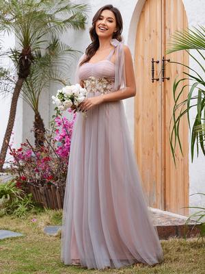 Ever-Pretty Women's A-Line Frenulum Knotting Sweetheart Neckline Tulle Bridesmaid Dress with Waist Applique