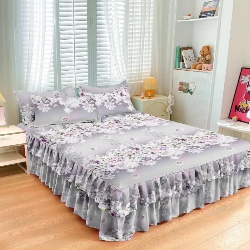 Lace Trim Trilateral Heightening Bed Skirt Pillowcase Three-piece Set Anti-slip Mattress Cover Soft Comfortable Cotton Double