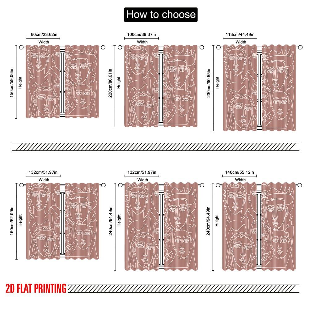 2pcs,2D Plane Printing Window Curtain Cubist Faces Versatile 100% Polyester (without Rod) Festive Perfect for Bedroom, Living