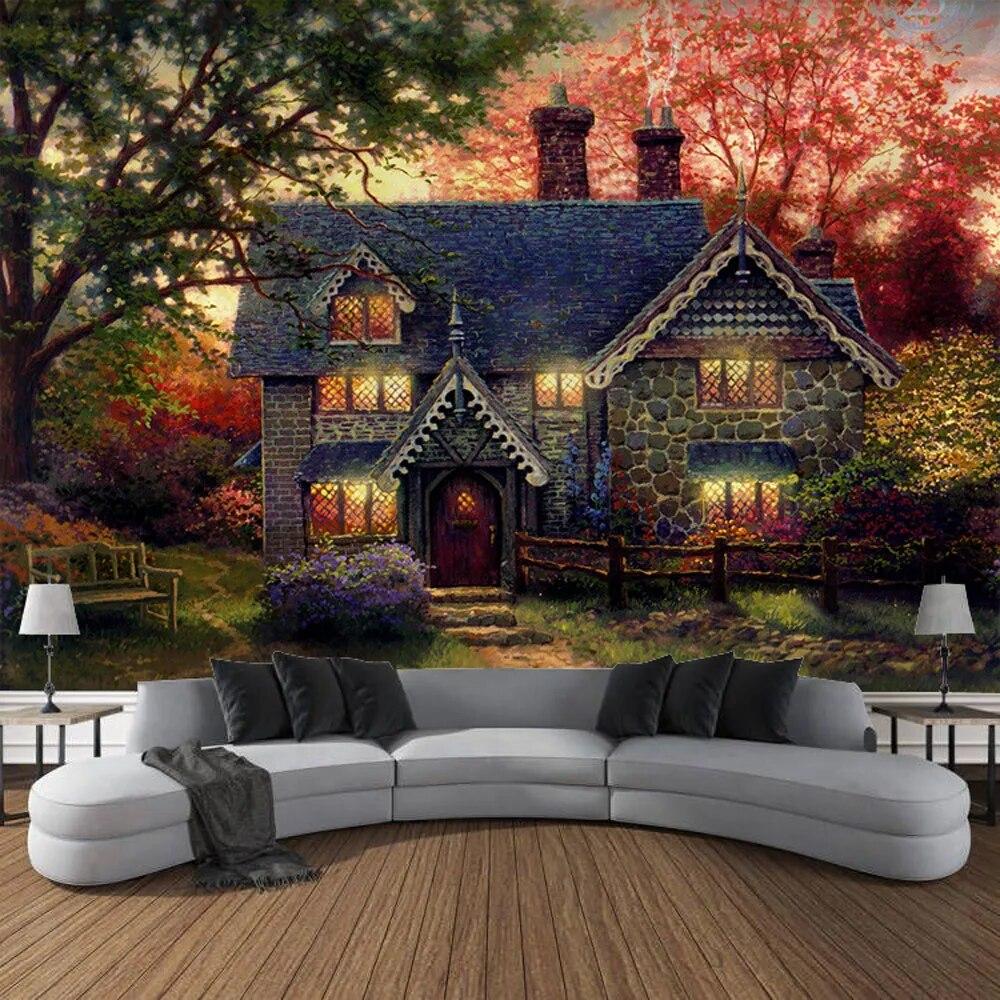 Dream Forest Cabin Oil Painting Wall Art Large Tapestry Mural Decoration Curtain Bedroom Living Room Home Decoration