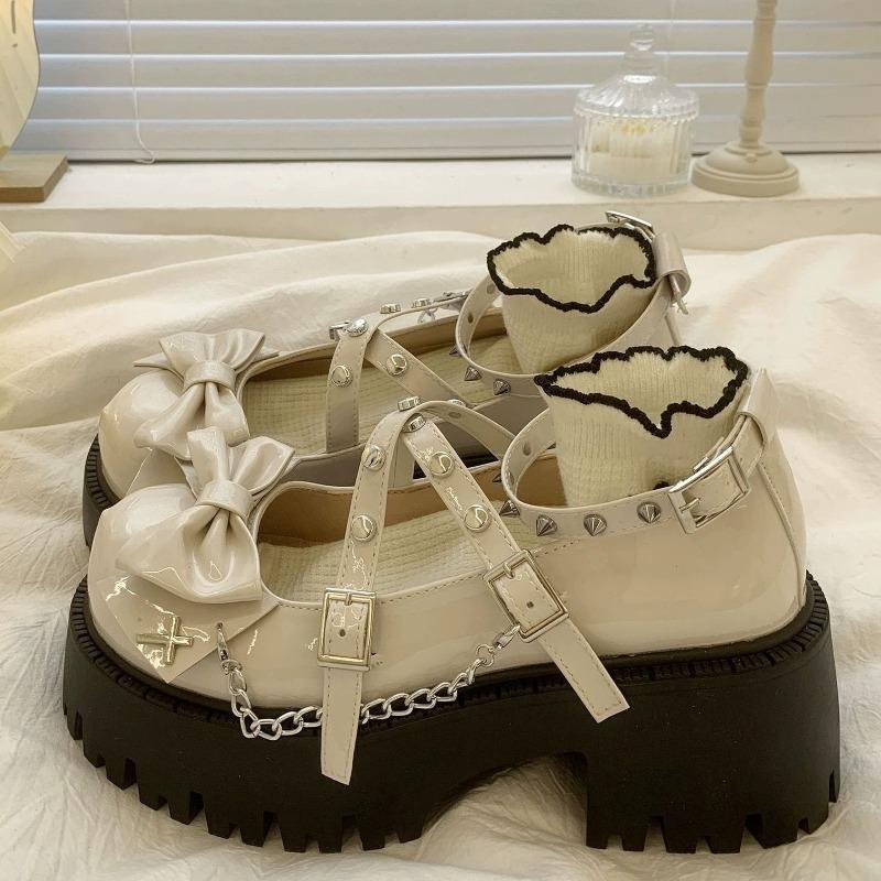 Punk Style Lolita Shoes Fashionable Rivet Design Shallow Mouth Leather Shoes for Women Summer Bow Thick Soled Tall Single Shoes