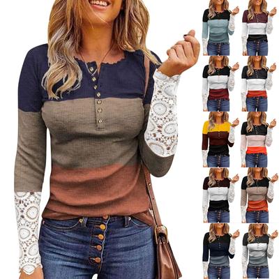 Women's Round Neckline With Buttons Slim Soild Printed Stitching Lace Long Sleeve Top