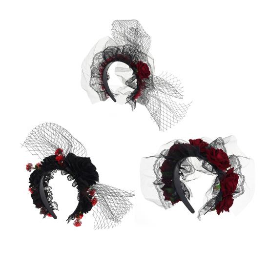 Halloween Rose Flower Headband for Women Gothic Black Lace Red Rose Hairbands Lolita Lace