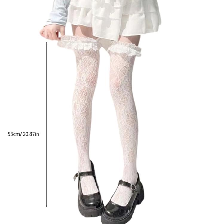 Thigh Highs Stockings with Ruffle Trim Women Flower Lace Fishnet Over Knee Socks