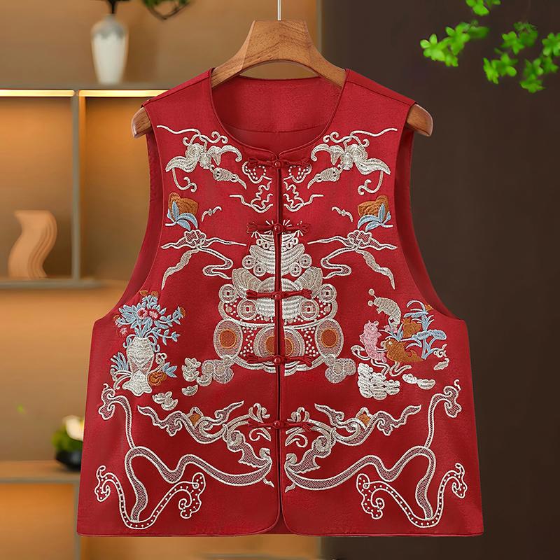 

2026 Chinese National Style Embroidered Sleeveless Vest for Middle-Aged and Elderly XL 90-110 красный