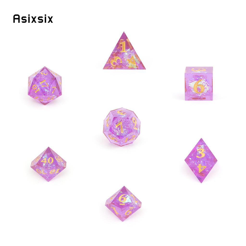 7 Pcs Purple Pink Resin Golden Number Sharp Edge Dice Polyhedral Dice Suitable For Role-Playing Dice PropBoard Game