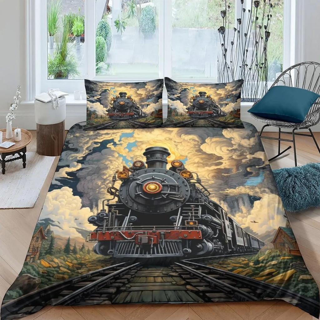 Tog Sengetøy Sett Kjøretøy Dynetrekk for Gutter Barn Tenåringer Soveromsdekor Trykt Dynetrekk Sett
