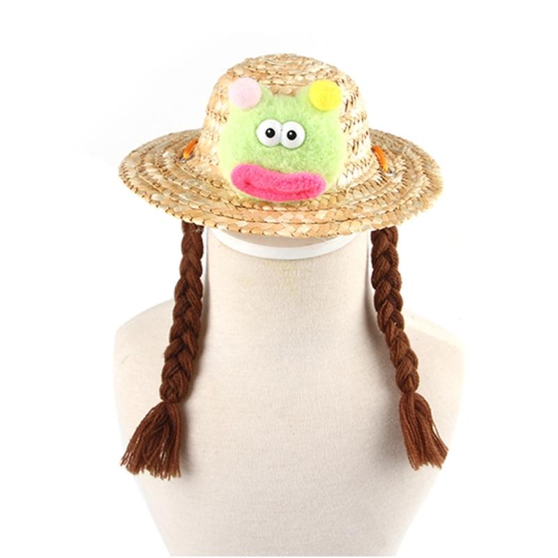 Puppy Straw Hat Dogs Sunbonnet with Braids Supplies Headwear Devil Hat Summer Hat with Strap Belt Photo Props
