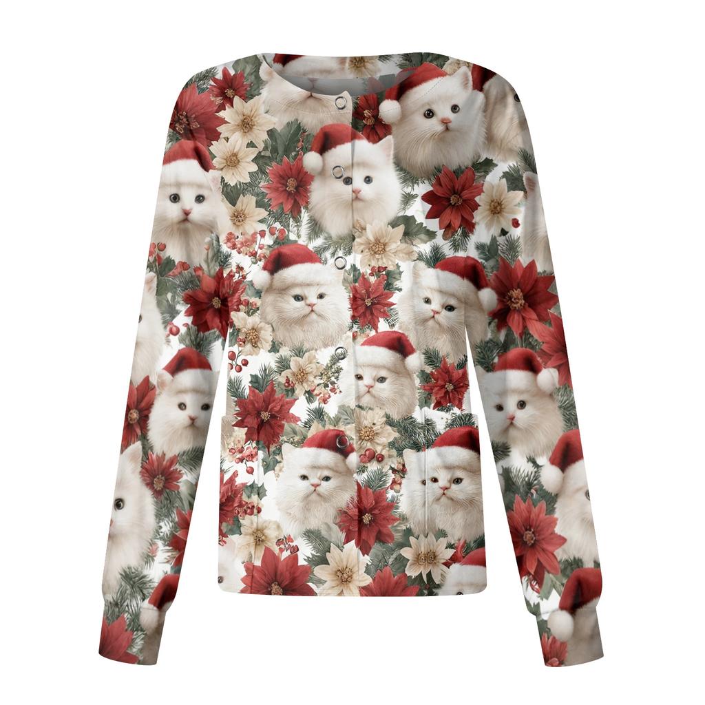 Women's Christmas-printed Casual Long-sleeved Single-breasted Work Uniform Cardigan