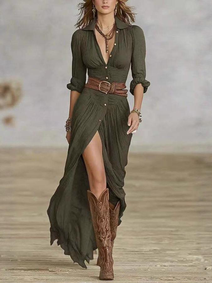Sexy Irregular Pleated Belted Dress - Women's Solid Color Spring/Autumn Collection