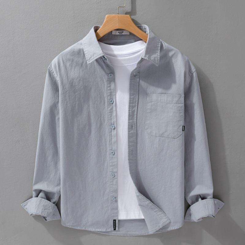 Men's Pure Cotton Solid Color Long Sleeve Shirt – Versatile Japanese Style for Spring & Autumn
