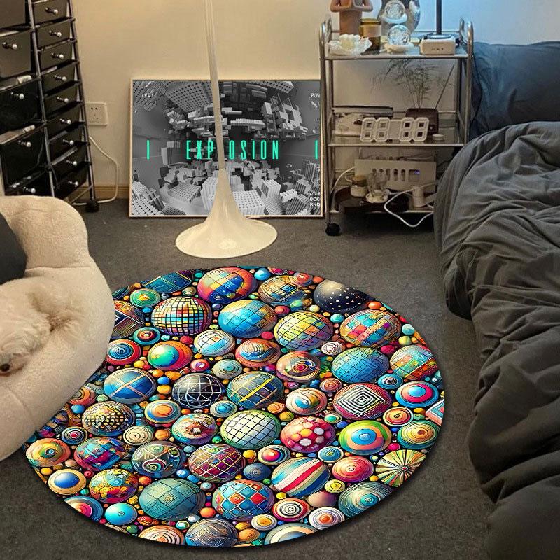 Minimalist Round Christmas Multicolor Area Rug, Non-Slip Floor Mat for Dining Room