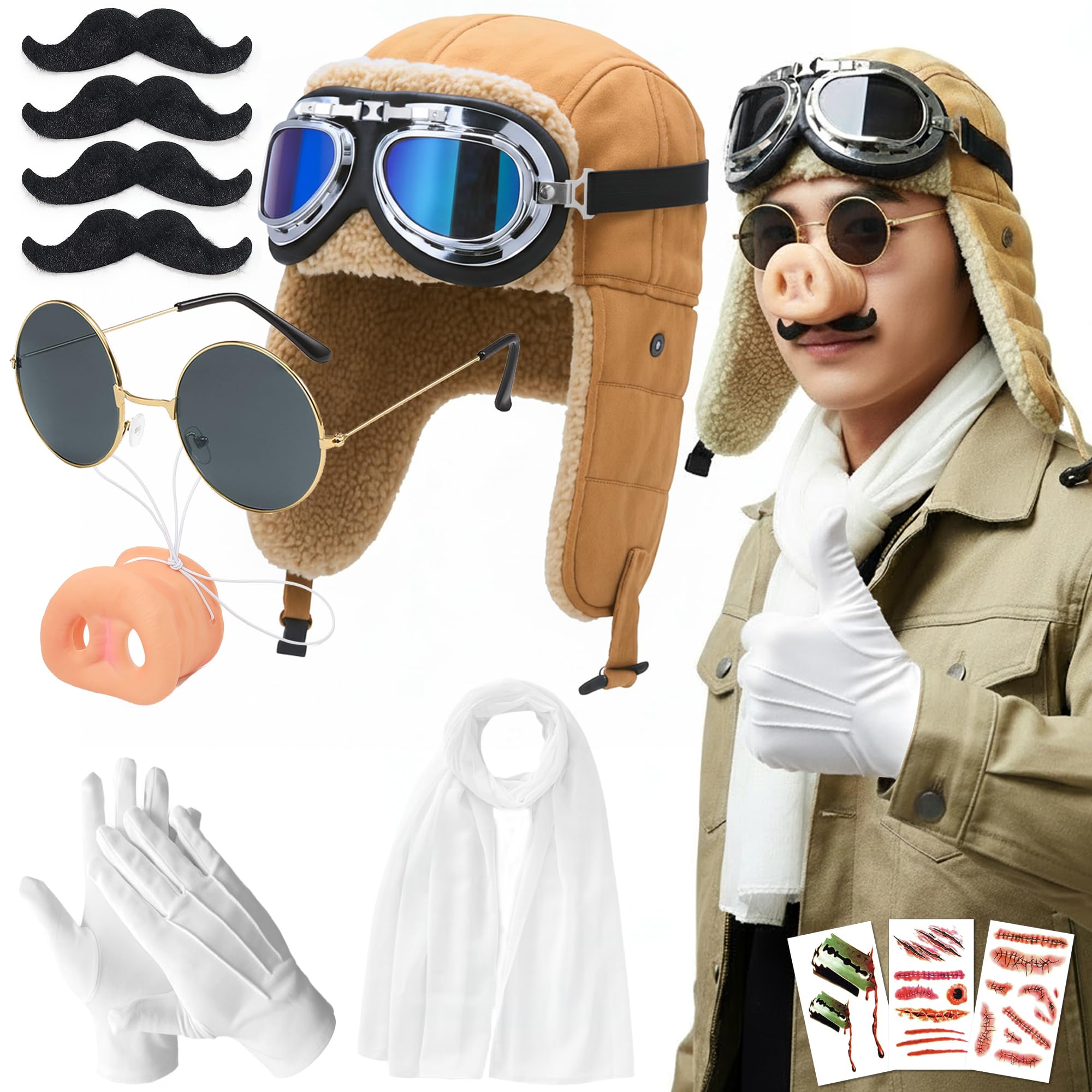 

Косплей-набор «Нос пятачком» Пилот Кепка Ветрозащитные очки Солнцезащитные очки Нос пятачком Усы x 4 Белые перчатки Белый шарф Хэллоуинские наклейки x Костюм пилота-свинки