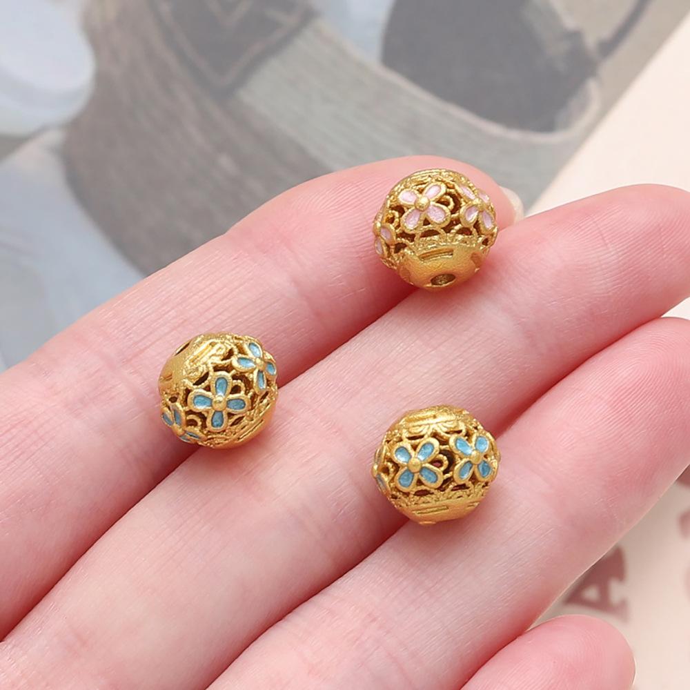 Copper Drop Oil Engraved Hollow Flower Round Bead Separated Bead Loose Bead DIY Bracelet Through Hole Jewelry Transfer Bead Jewelry Accessories