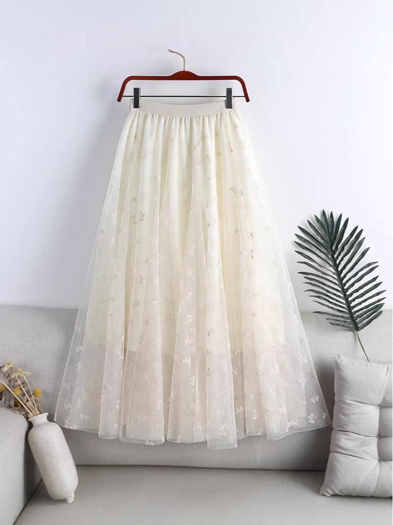 Clearance: Women's High-Waisted A-Line Mid-Length Gauze Skirt with Double-Layer Mesh