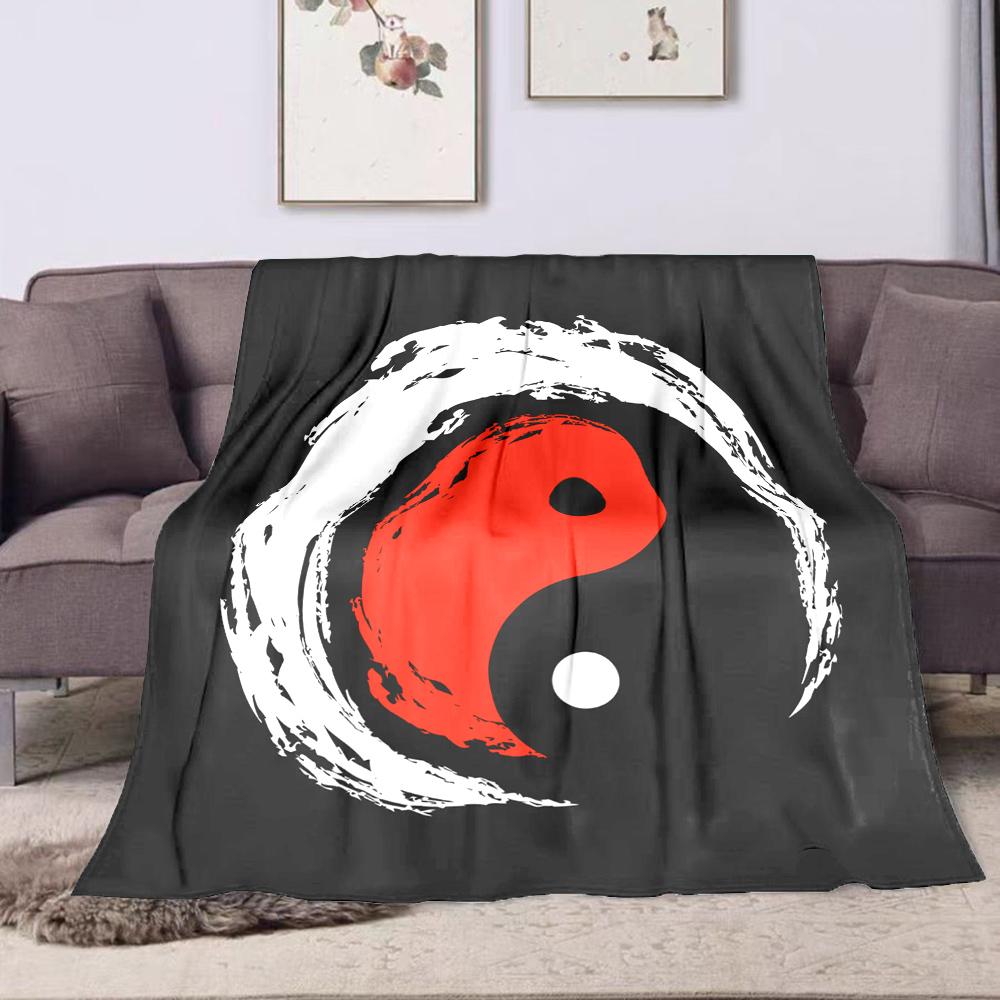 Red and White Yin Yang Symbol Patterned flannel blanket perfect for the bedroom living room, sofa, or a little nap