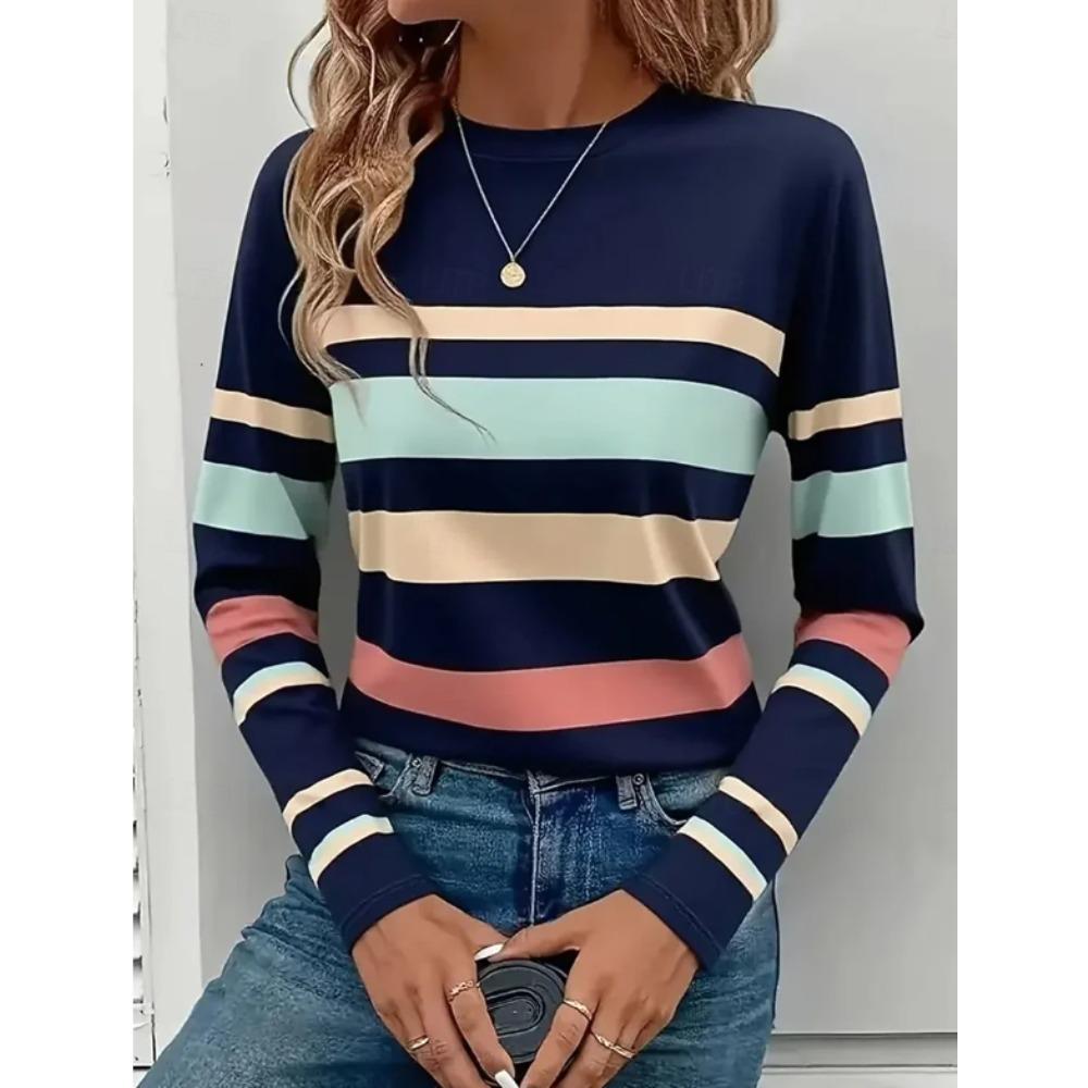 Top da Donna Stampa a Righe Girocollo Manica Lunga T-shirt Autunno Casual Slim Pullover Top a Manica Lunga da Donna