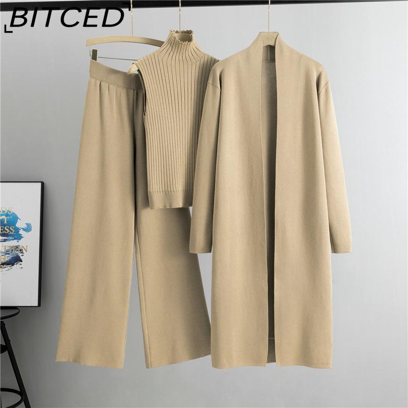 BITCED Spring and Autumn Laid-back Style Knitted Set, Sleeveless Vest, Sweater, Cardigan and Trousers, Three-piece Set