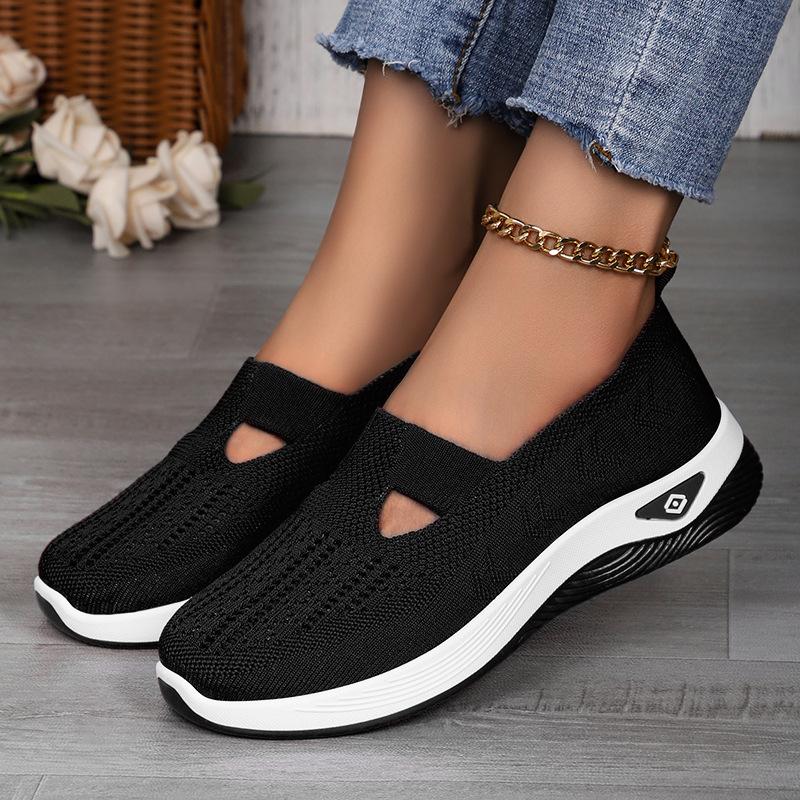 Women's Comfortable Breathable Knitted Sneakers Walking Soft Cut-Out Shoes for Women Office Work Platform Flats Slip On Tennis Shoes Casual Loafers