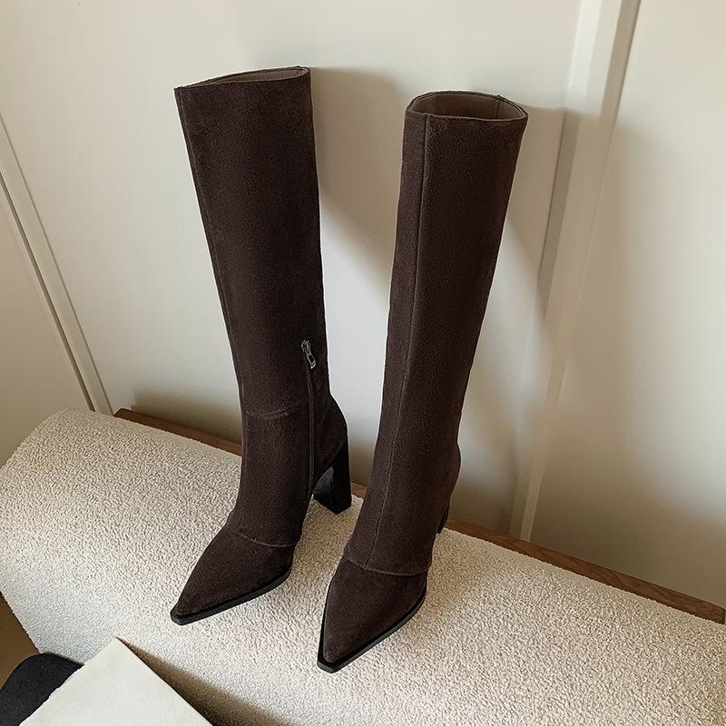 8.5CM European popular high boots 2025 autumn and winter new pointed thick heels but knee thin elastic boots women