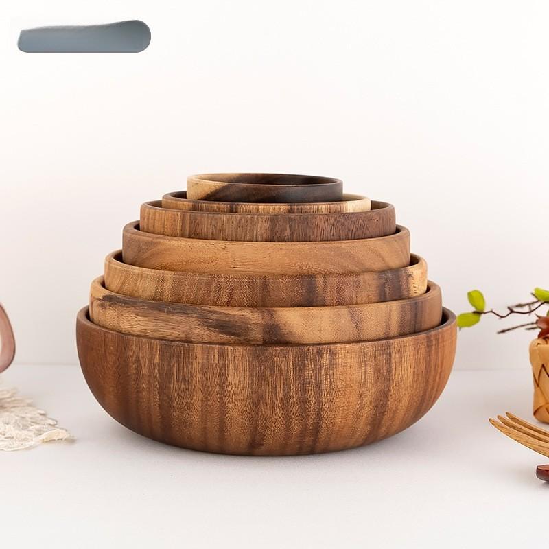 Japanischer Akazienholzschale groß massiv Ganzholz flach Instant-Nudelschale Salatschale Obstschale isolierte Reisschale Geschirr 20cm Akazienholz