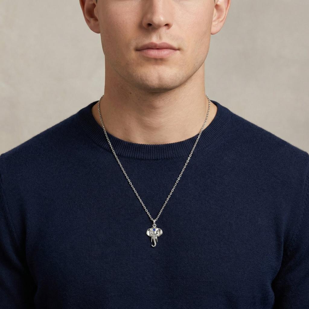 Vnox Men's Blue Stone Elephant Head Pendant O-chain Necklace, Stainless Steel Animal Waterproof Jewelry Longevity Strength Gifts