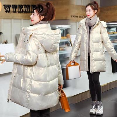 Piumino in cotone invernale addensato caldo sciolto moda colore lucido usa e getta colletto alla coreana giacca in cotone di media lunghezza da donna