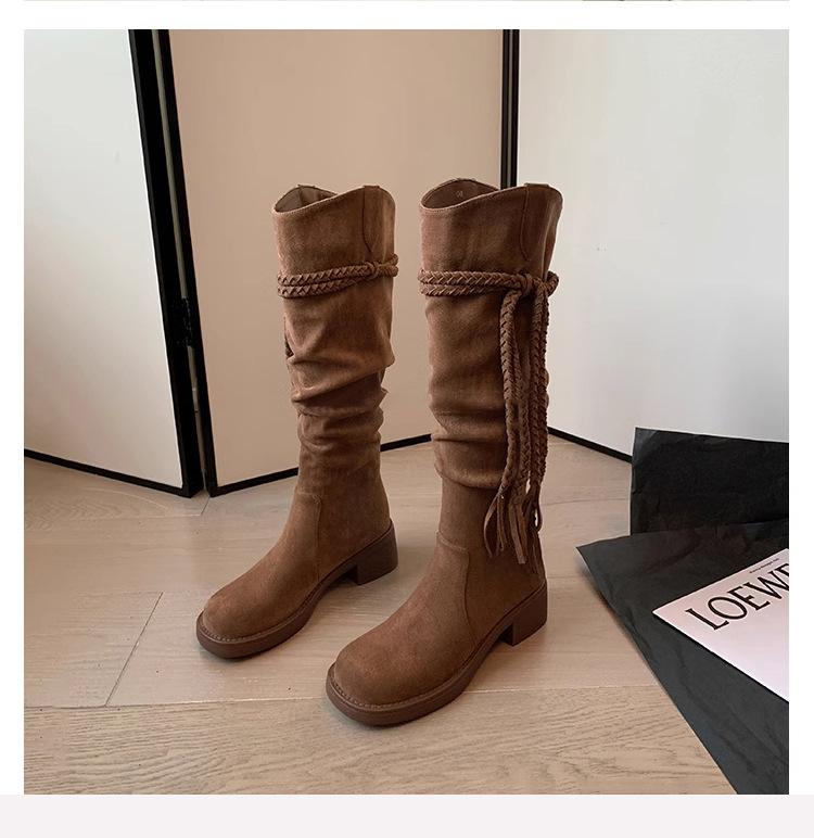 Retro round head wasteland wind fringed knight boots women's 2025 new thick heel but knee thin pile boots