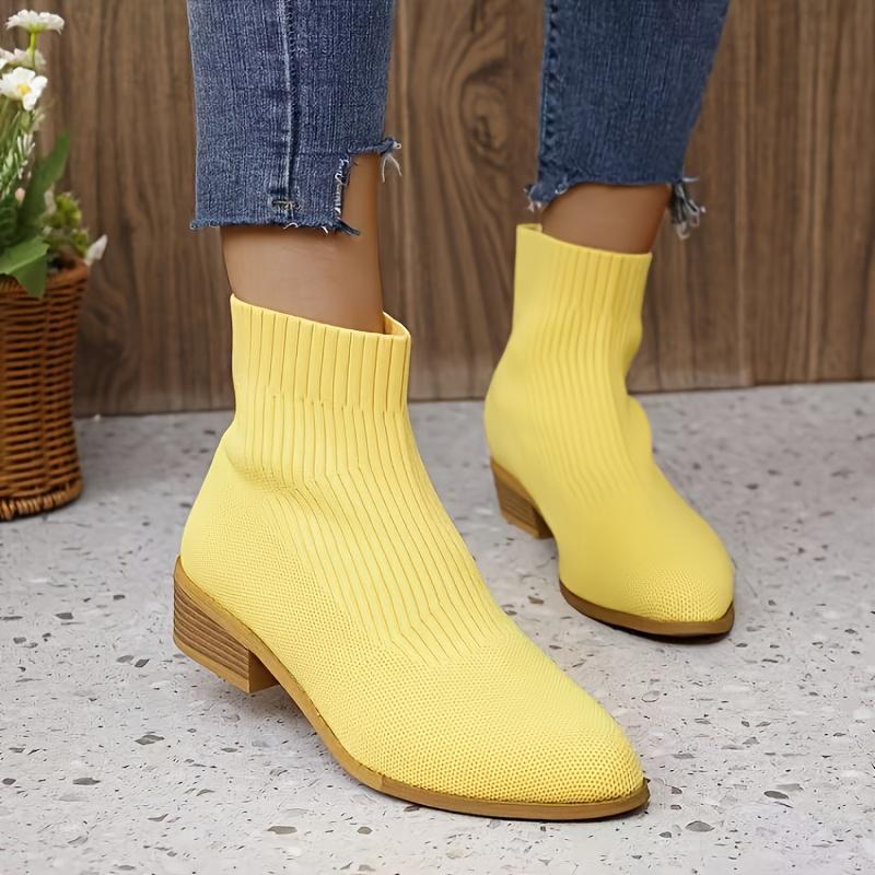 Women's Retro Chunky Heel Slip-Resistant Knit Booties - Vibrant Yellow & Mustard-Yellow All-Season Comfortable Round-to-Pointed Toe Ankle Boots