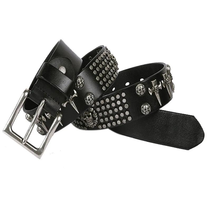 3.8cm Fashion Men Personality Skull-head Rivet Genuine Leather Belts Cool Punk Rock Hip Hop Pin Buckle Cowhide Belt with Holes