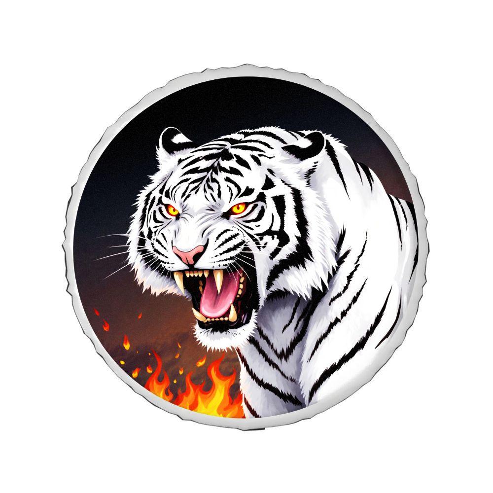 Tire Cover Featuring A Fierce White Tiger Flame Pattern Made Of Polyester Fiber, Designed With A Bold Circular Frame, Durable An