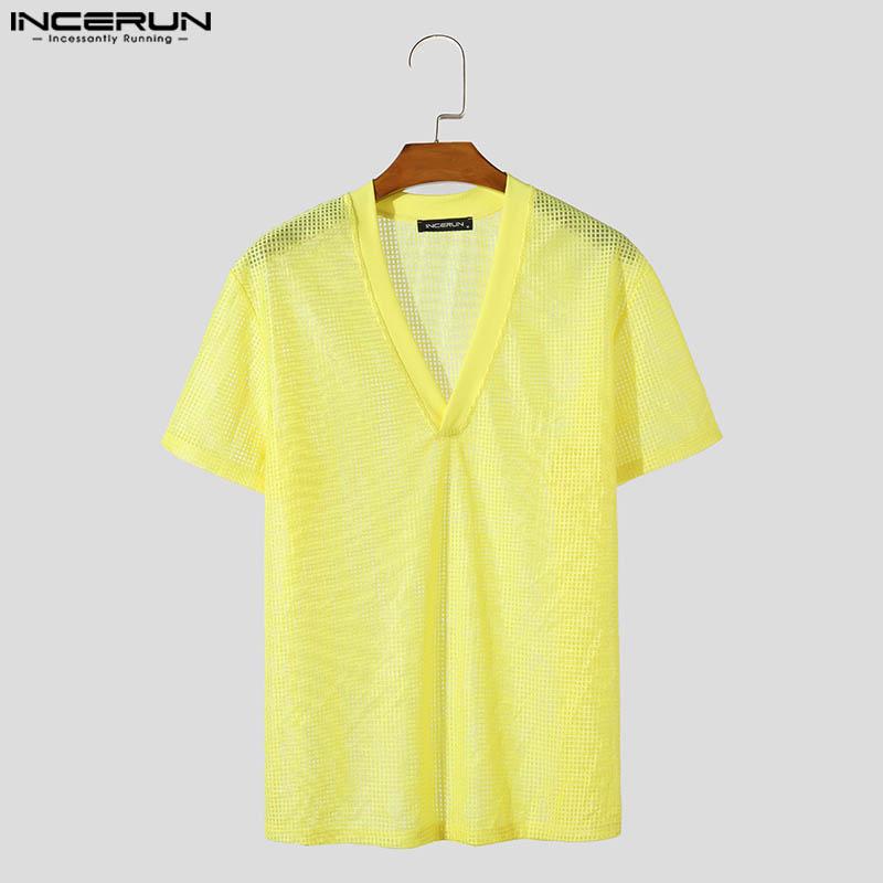 INCERUN Men Hollow Out Short Sleeve Tops Deep V Neck Beach Party T-shirts