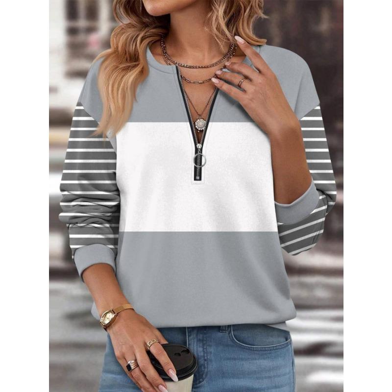 Women's Elegant Printed Zipper Long-sleeved Top, Stylish and Versatile for Autumn and Winter Casual and Office Wear, Machine Washable